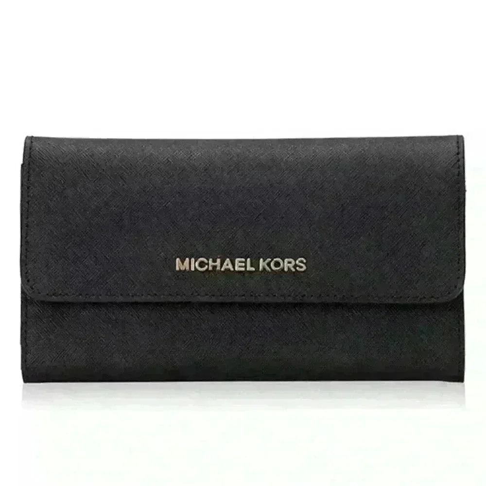MICHAEL KORS TRIFOLD WALLET LARGE  BLACK WITH GOLD HARDWARE